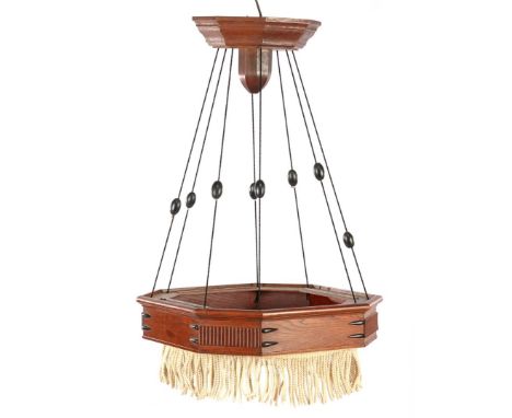 Oak Art Deco octagonal hanging lamp with rope and fringes, 95 cm high, 68 cm diameter (incomplete)