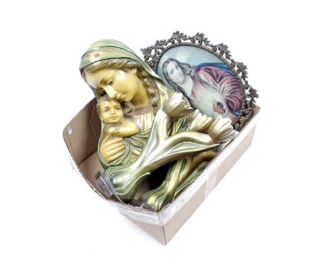 Box with plaster polychrome colored bust Madonna with child, 34 cm high, 2 matching 2-light candlesticks, 34 cm high and oval