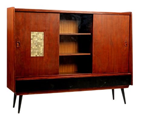 Teak veneer wall cabinet with 3 sliding doors, amongst others. glazed and ceramic inlay, 3 blackened drawers and standing on 