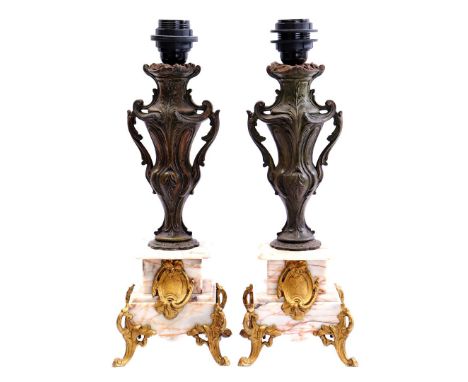2 zamak table lamp bases on marble base, 41 cm high