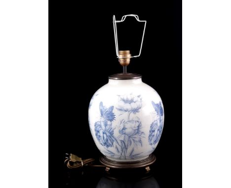 Porcelain table lamp with flower and butterfly decor and blue upholstered shade, on a wooden base, 65 cm high