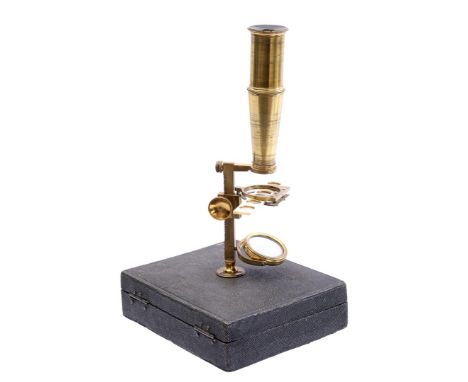 Brass travel microscope with preparations and various accessories in matching box, England ca. 1900, 3 cm high, 12 cm wide an