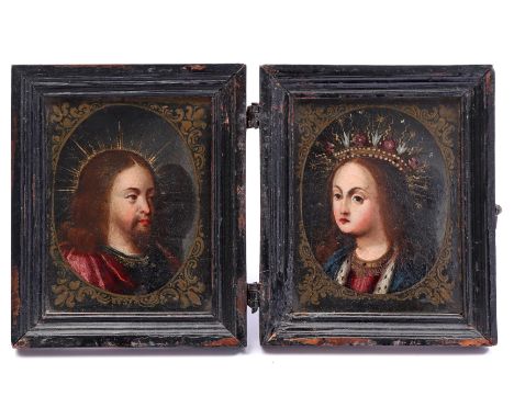 Oak cassette with cast iron fittings containing 2 portraits of Jesus and Mary, Western Europe ca. 1700, portrait; 10x7.5 cm (