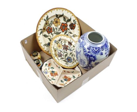 Box with pottery dishes, vases and compartment scale, Regina Gouda and South Holland Gouda and earthenware vase with Delft bl