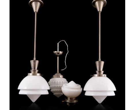 2 metal hanging lamps with opaline glass shade, in Gispen style, 114 cm high, opaline glass ceiling lamp in a metal frame, in