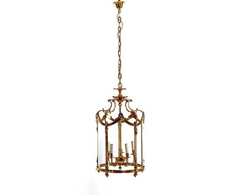 Round brass 5-light hall lamp with glass shade, total with chain 159 cm high, 46 cm diameter