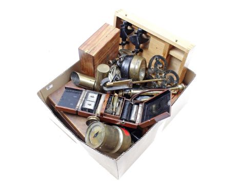 Box of measuring instruments and supplies incl. brass ship's compass, Walker's knowmasters log, Z. Hunter Junr. brass pump, 3