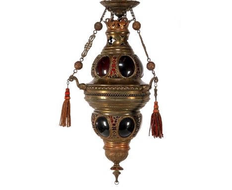 Oriental copper hanging lamp with colored glass windows, 50 cm high