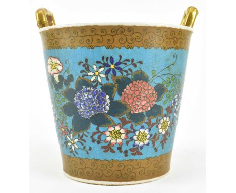 A Japanese Meiji period Kaiyosya ceramic cloisonne planter. The slight tapering planter vase decorated with blue and coral hy