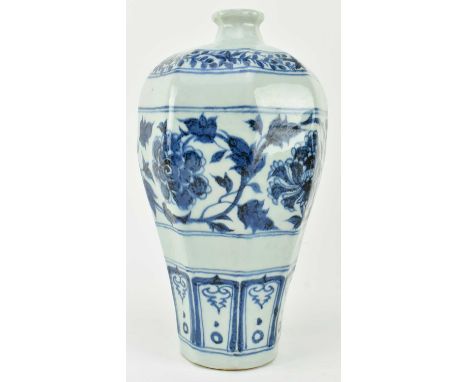 A Yuan blue and white ceramic Meiping vase. The baluster shaped eight faceted meiping vase decorated with octagonal everted f