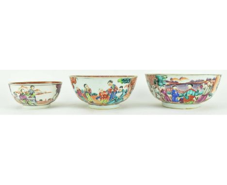 Three Qing dynasty Qianlong period Canton famille rose ceramic nowls, enamelled with a 'Mandarin' pattern. The lot to include