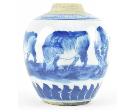 A late Qing / Republic period blue and white ceramic ginger jar. The ovoid shaped jar decorated with geometric band on the ne