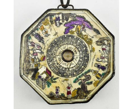 A Qing/dynasty Republic era bone carved bone compass, made of veneer wood, metal and bone. Decorated with engraved lanscapes 