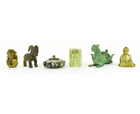 A collection of six pieces of Chinese ornaments. The lot to include a brass figure of a Buhhda, a bronze lamp in form of an a