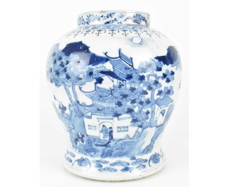 A Qing dynasty blue and white ginger jar. The baluster shaped ginger jar having sprigs of flowers on the neck, geometric moti