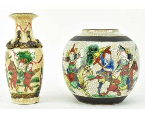 Two late Qing dynasty Nanking crackled glazed ceramic pieces. The lot to include a ovoid shaped ginger jar decorated with pol