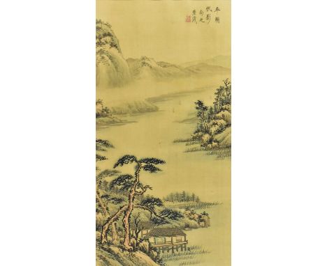 A 20th century Chinese ink and colour painting, depicting a scene of boats, riverscape &amp; landscape, framed and glazed.Mea