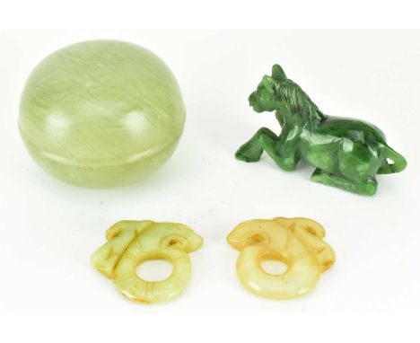 A collection of four pieces of soft jade / soapstone pieces. The lot to include a spinach coloured jade horse, two archaistic