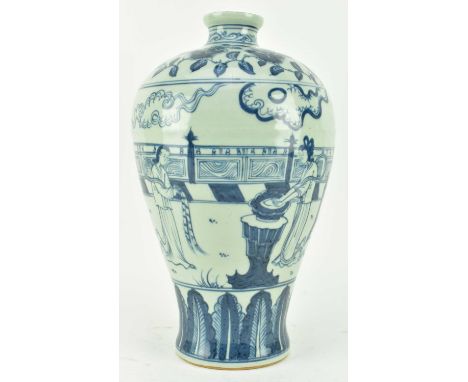 A Ming dynasty blue and white ceramic figurine meiping vase. The baluster vase decorated with foliage on the neck, scrolling 