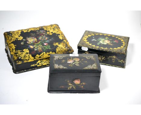 Papier mâché writing slope, a papier mâché rectangular box, both by Herbert Thomas Hayward and a papier mâché caddy shaped bo