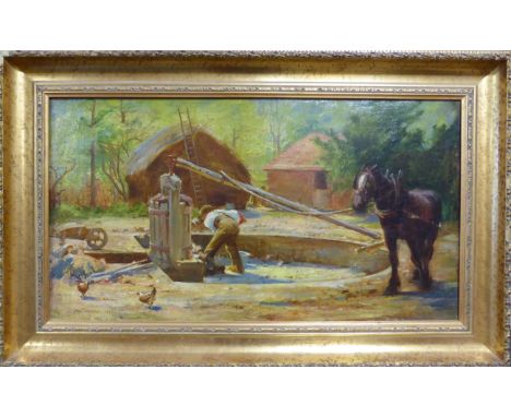 John Young Hunter (1874-1955) Farmyard scene with horse powered corn grinder and figure, signed and dated 1897, oil on canvas