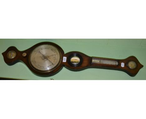 A rosewood wheel barometer, signed R.Brown, Stowmarket, circa 1860, hygrometer, thermometer box, mirror, 8-inch silvered dial