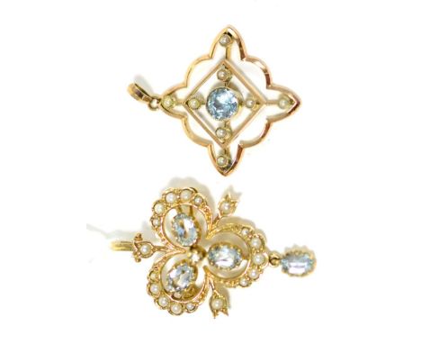 A 9ct gold aquamarine and seed pearl brooch/pendant, three oval cut aquamarines within a trefoil border of seed pearls, suspe