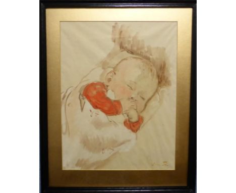 Vivien John (1915-1995) Portrait of a sleeping baby, half length, signed, watercolour, 44cm by 34cm 