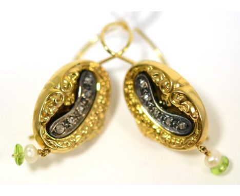 A pair of drop earrings, of almost oval form, inset with rose cut diamonds, a small pearl and green bead suspended from the b