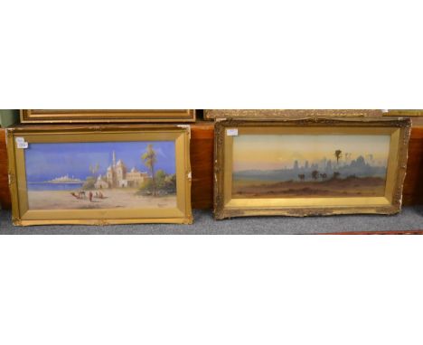 Circle of Frederick Goodall (1822-1904), Desert scene with camels in the foreground, a town silhouette and pyramids beyond, m