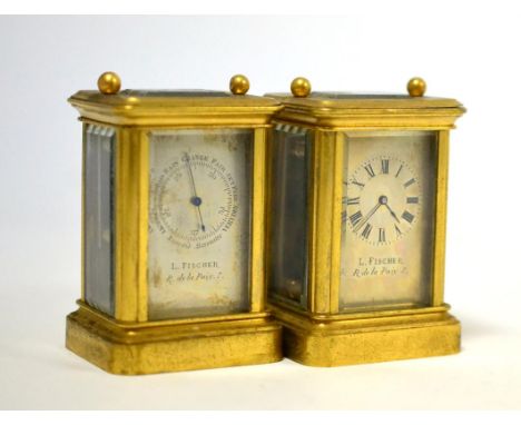 A brass carriage timepiece and a aneroid barometer, both retailed by L.Fischer, R de la Prix, circa 1910, one displaying an a