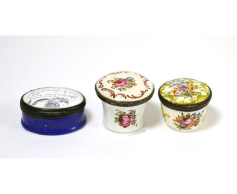 A Staffordshire enamel snuff box inscribed 'May Friendship and Love Be Ever United', together with two similar pill boxes