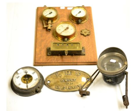 Three pressure gauges mounted on an oak board, an automatic sprinkler gauge, labelled Dowson Taylor & Co, Fire Engineers, Man
