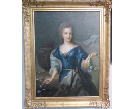 Manner of Sir P Lely (20th/21st century) Portrait of a lady, three quarter wearing a blue satin dress and holding a garland o