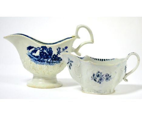 A Seth Pennington helmet shaped sauce boat, circa 1780, printed in blue with Chinese figures, 16cm long, and a James Penningt