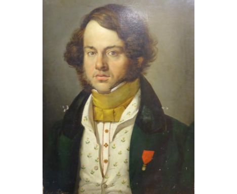 Luigi Petrone (19th century) Portrait of a young gentleman, head and shoulders, wearing a green jacket, a waistcoat decorated
