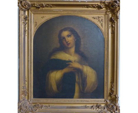 Manner of Murillo (19th century) Portrait of a female saint half length, oil on canvas, 64cm by 54.5cm (with arched top) 