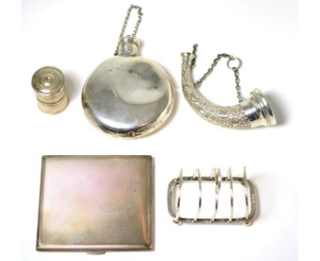 A silver engine turned decorated cigarette case, a small toast rack, a hip flask, a silver powder horn and a silver cylindric