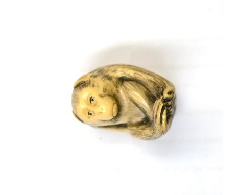 An early 20th century Japanese ivory netsuke, as a monkeySome possible wear but overall condition good.