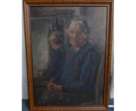 Modern British School (20th century) Portrait of an elderly lady seated in a chair three quarter length, oil on board, 103cm 