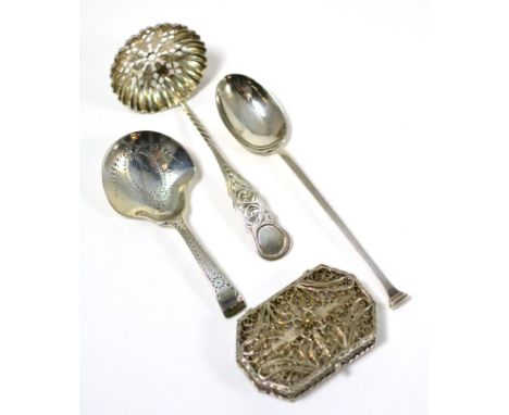 A silver caddy spoon, a sifter spoon, teaspoon and fancy hinged box (4) 