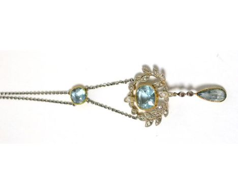 An aquamarine, diamond and pearl necklace, circa 1900, the three assorted shape aquamarines in yellow millegrain settings, th