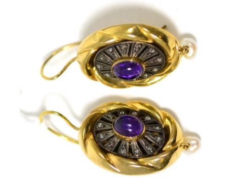 A pair of amethyst, diamond and pearl earrings, an oval cabochon amethyst in yellow rubbed over setting, within a white mille