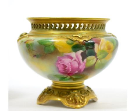 A Royal Worcester gilt and flower painted small jardiniere with pierced rim, 13cm diameter