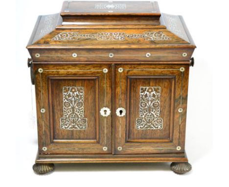 A Regency rosewood sewing casket inlaid with mother-of-pearl, 34cm wide 