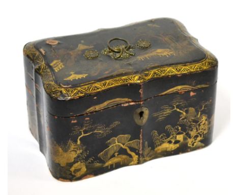 ^A Chinese export black lacquer tea caddy, early 19th century, 26cm wide 