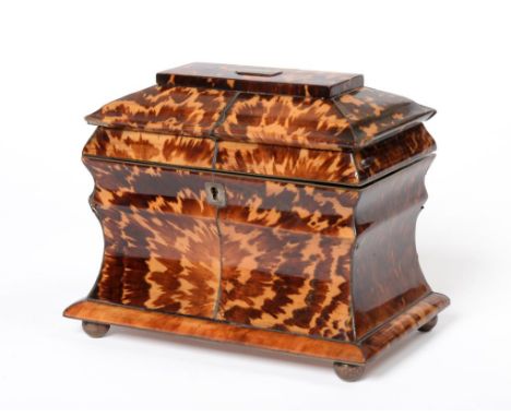 A Regency tortoiseshell tea caddy, 19cm wide Slight damages to veneer on front and back left angles of lid. Slight loss to in