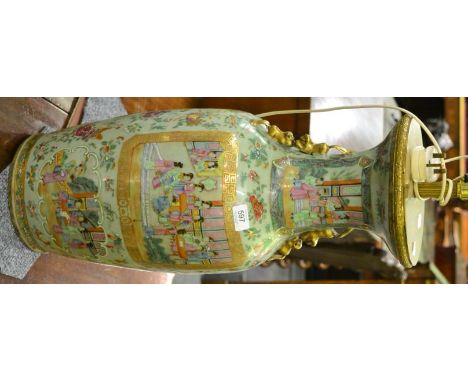 A large 19th century Canton celadon ground vase as a lamp, 62cm high Considerable restoration to neck and rim below brass mou