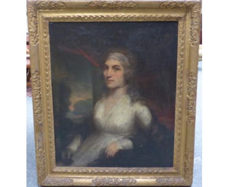 William Cuming (1769-1852) Irish, A Portrait of Elizabeth Cuming, three quater length, seated before a landscape, oil on canv