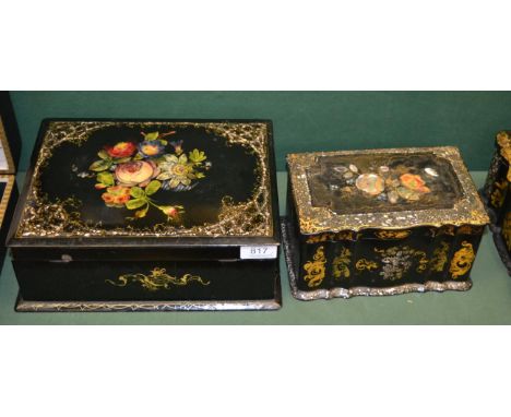 Papier mâché sewing box and a shaped caddy both by Herbert Thomas Hayward Box - overall with significant craquelure to lacque